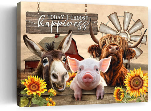Beabalea Farmhouse Animals Canvas Kitchen Wall Art Rustic Sunflowers Donkey Cow Pig Pictures Wall Decor Country Red Barn Windmills Artwork Paintin...