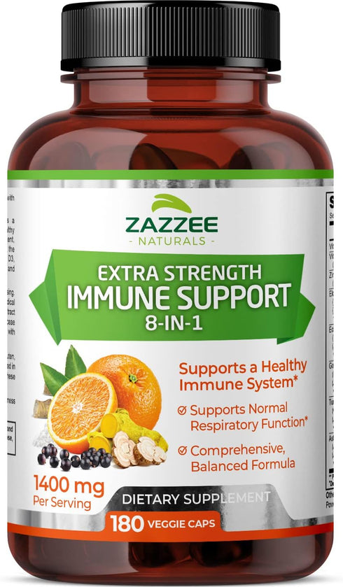 Zazzee Extra Strength 8-in-1 Immune Support, 1400 mg per Capsule, 180 Vegan Capsules, 1000 mg Vitamin C, 1000 IU mg D3, Zinc, Elderberry, Echinace...