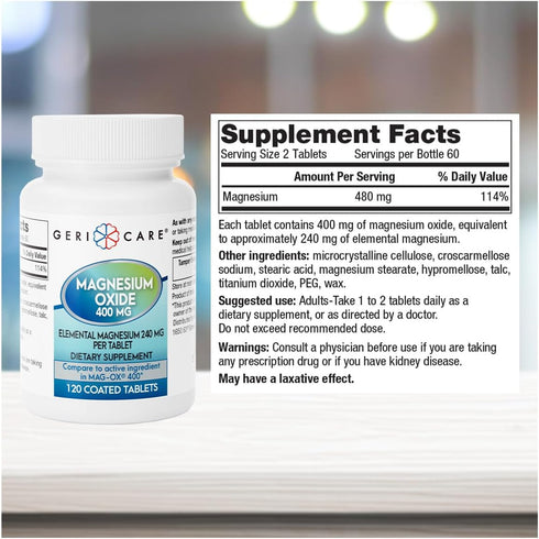 GeriCare Magnesium Oxide Supplement 240 mg of Elemental Magnesium, 120 Tablets, Essential Mineral Support, Promotes Vascular Health, Bone Strength...