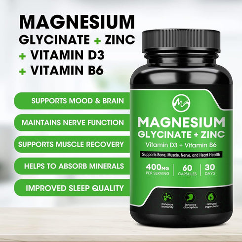 (2 Pack) Magnesium Glycinate Capsules, Magnesium Supplement 400mg with Zinc,Vitamin D3 & B6 - Highly Bioavailable and Absorption - Bone,Heart,Join...