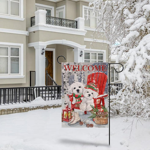 Home Decorative Welcome Winter Bichon Frise Dogs Red Chair Garden Flag, Puppy Pinecone House Yard Ice Skates White Birch Trees Outside Decoration,...