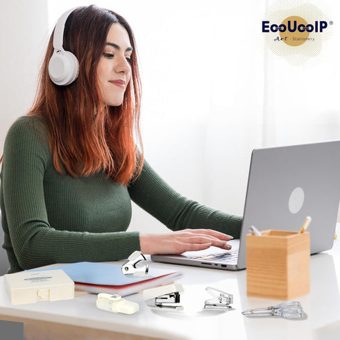 EooUooIP Practical and Beautiful Office Supplies White Handbook Tool Box,Stapler Tape Staples Hole Puncher Paper Scissor for Efficient Work and St...