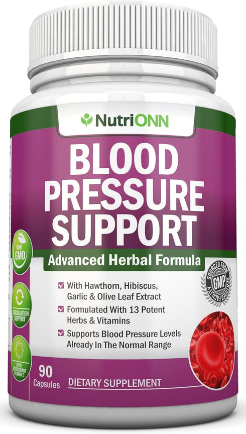 Blood Pressure Support Supplement - 13 Herbs & Vitamins - with Hawthorn, Hibiscus, Garlic & Olive Leaf Extract - Natural Supplement for Women & Me...