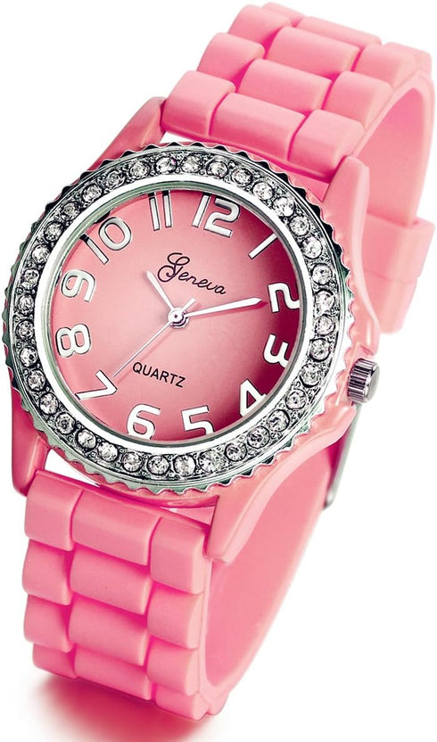 Lancardo Silicone Ceramic Style Pink Wrist Watch Silver Trim and Sparkly Rhinestones Surround Bezel Women's Wristwatch...