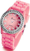 Lancardo Silicone Ceramic Style Pink Wrist Watch Silver Trim and Sparkly Rhinestones Surround Bezel Women's Wristwatch...