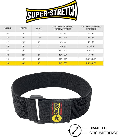 Super-Stretch Wrap-It Storage Straps, 48-in x 2-in (3-Pack) - Elastic Hook and Loop Cinch Straps - Pool Hose and Cable Straps, Garage and RV Stora...