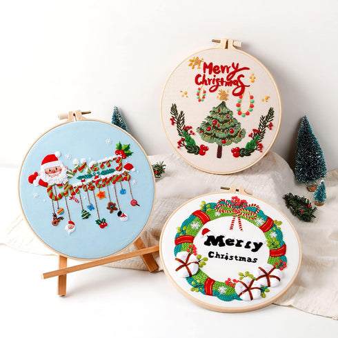 4 Sets Christmas Embroidery Starter Kit with Pattern for Beginners,Merry Christmas Embroidery Kit Ornaments, DIY Cross Stitch Set with 4 Plastic E...