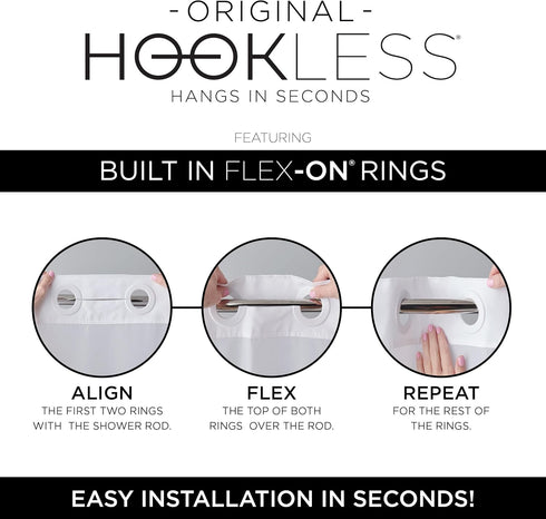Hookless Full Length 2-in-1 Chlorine-Free PEVA Shower Curtain with Flex-On Rings for Easy Installation, 71" x 74", Water-Repellent, Easy Install, ...