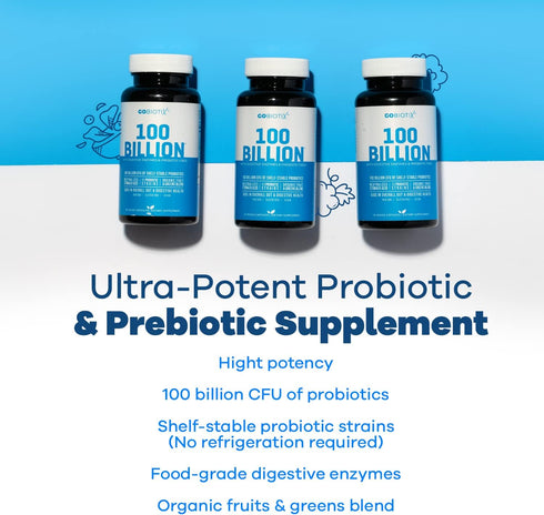 GOBIOTIX 100 Billion - Digestive Enzymes Supplement - Probiotics Multivitamin - Prebiotic Fiber Blend - 100 Billion CFU - Organic Fruit and Greens...