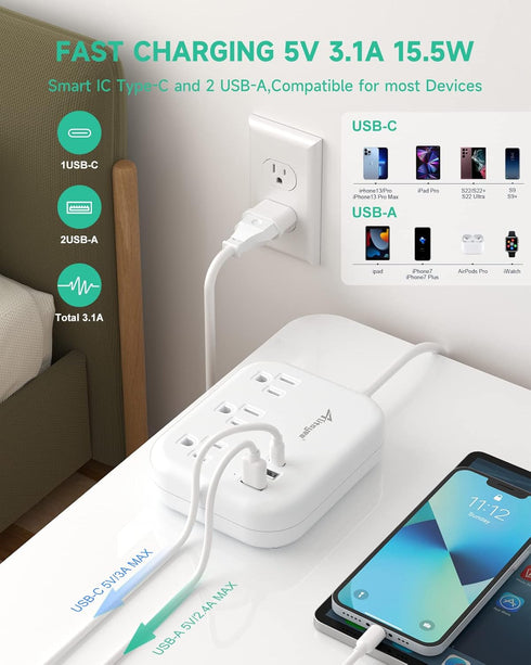 European Travel Plug Adapter, Alitayee EU/UK/US Travel Power Strip with 3 Outlets 3 USB Ports, International Universal Plug Adapter with 3ft Exten...