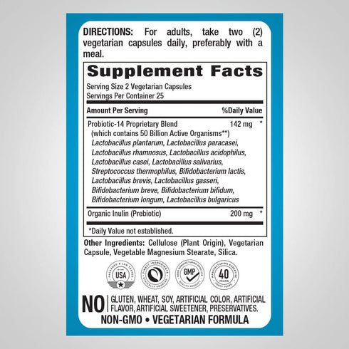 Piping Rock Probiotic Multi Enzyme | 50 Capsules | 142mg | with Prebiotics | Digestive Formula for Men and Women | 14 Strains | 50 Billion Active ...