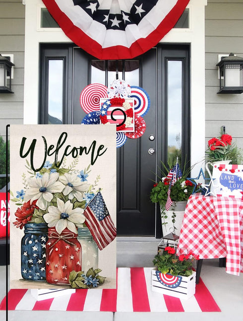 4th of July Floral Garden Flag 12x18 Vertical Double Sided Patriotic Mason Jar Flowers Red Blue Memorial Day Independence Day Holiday Outside Deco...