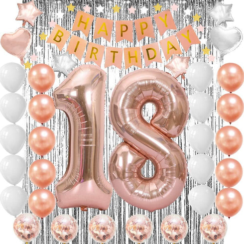 Happy 18th Birthday Decorations for Girls-Complete 18 Party Decor-Rose Gold 18th Birthday Balloons Kit with 40" Giant 18 Number Balloon...