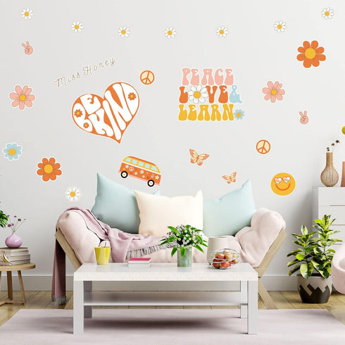 Whaline 67Pcs Retro Boho Classroom Bulletin Board Decoration Kit Pink Groovy Hippie Bulletin Board Set Daisy Heart Butterfly Cutouts with Glue Poi...