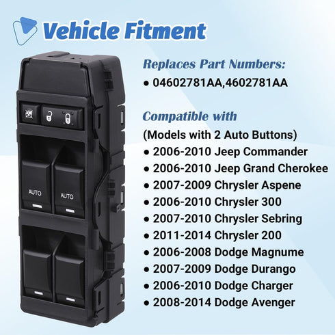 Window Switch Power Control Driver Side Compatible with 2006-2014 Jeep Commander/Grand Cherokee, Chrysler Aspen/Chrysler 200/300/Sebring, Dodge Ch...