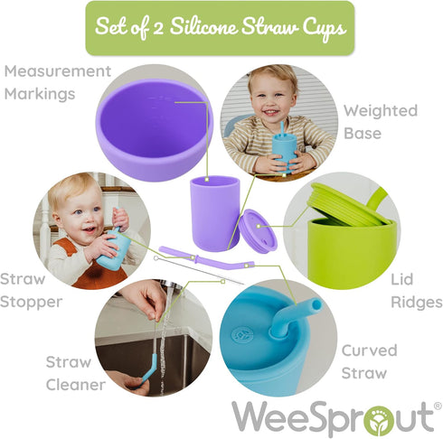 WeeSprout Silicone Baby Cups With Straws and Lids, 4 & 8 oz Options, Set of 2, Food Grade Toddler Training Container, Built In Straw Stoppers, Mea...