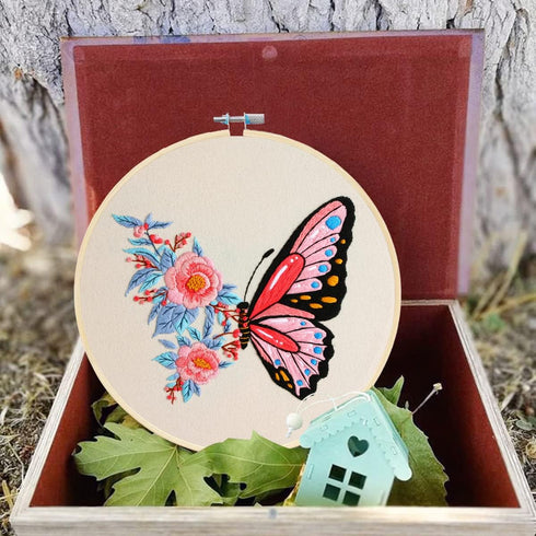 MIKIMIQI Embroidery Starter Kit with Pattern, Flowers Butterfly Stamped Embroidery Kit Including Embroidery Fabric, Bamboo Embroidery Hoop, Thread...