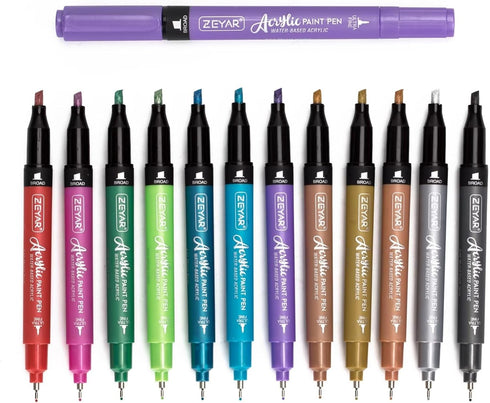 ZEYAR Acrylic Paint Pen, Needle Extra Fine and Chisel Point, 12 Metallic Colors, Waterproof Ink, Works on Rock, Wood, Glass, Metal, Ceramic and Mo...