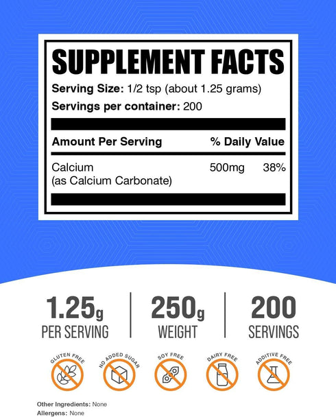 BulkSupplements.com Calcium Carbonate Powder - Calcium Carbonate Food Grade, High Absorption - Gluten Free, 1.25g per Serving, 250g (8.8 oz) (Pack...