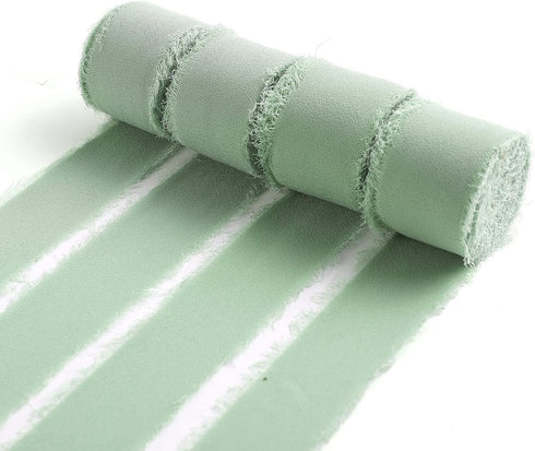 4 Rolls Sage Green Handmade Fringe Chiffon Silk Ribbon 1"x 5Yd Per Roll,Frayed Edges Ribbon for Gifts Wrapping,Wedding Decoration,Bridal Bouquets(...
