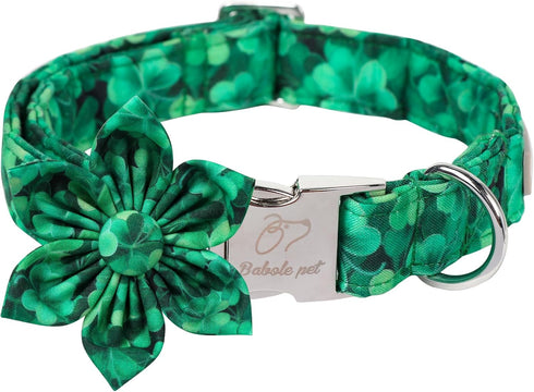 St.Patrick's Day Clover Dog Collars with Flower Tie,Green Abstract Clover Soft Cotton with Safety Metal Buckle Adjustable Puppy Collars for Small ...