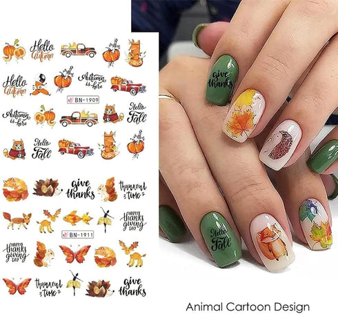 Fall Leaf Nail Art Stickers, Autumn Nail Decals Maple Leaf Nail Supplies Pumpkins Turkeys Squirrels Water Transfer Nail Stickers Fall Nail Accesso...