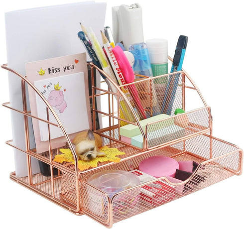 Ogrmar Rose Gold Desk Supplies Organizer, Multi-functional Mesh Desk Organizer with 6 Compartments & Desk Drawer Organizer for Office Supplies and...