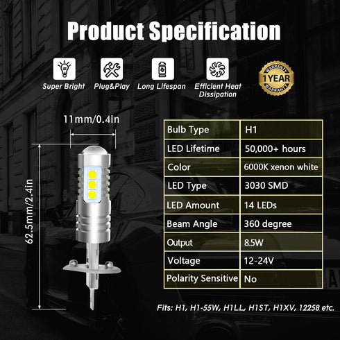 H1 LED Fog Light Bulbs 6000K Xenon White, Extremely Bright 3030 Chips H1 LED Bulbs with Projector for Car Fog Lights, Daytime Running Lights DRL (...