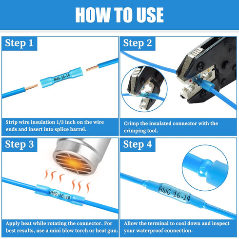 200PCS Heat Shrink Butt Connectors Blue 16-14 AWG, Marine Grade Tinned Red Copper Crimp Splice Terminals Insulated Waterproof Electrical Wire Conn...