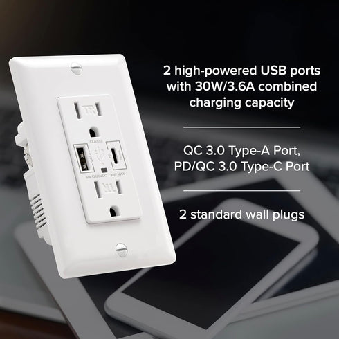 Maxxima 15A USB Wall Outlet Receptacle, 30W Power Delivery QC 3.0 Type-C/A w/ 2 Standard Outlets, High Speed Charging for Smart Devices, Duplex Re...