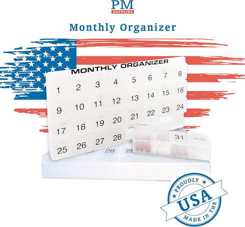 31 compartments, 1 per Day, 4 Week Monthly Pill Organizer by Promed. Includes Tray and 8 Removable compartments. (White)...