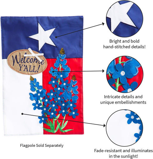 Evergreen Flag Texas Blue Bonnets Garden Applique Flag | Welcome Texas State Garden Flag for Outside 12x18 Double Sided | Small House Flag for Law...