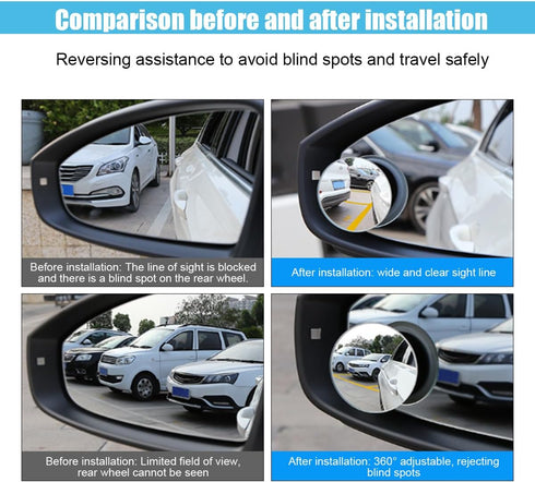Round Blind Spot Car Mirror - 2" Frameless HD Glass Convex Mirror - 360 Degree Wide Angle Rear View Mirror Side Mirror with Adjustable Stick for C...