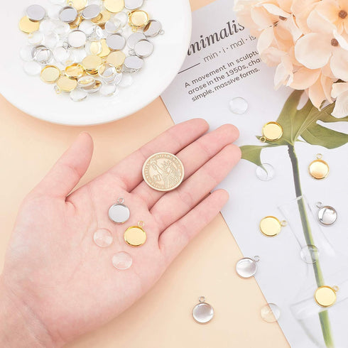 UNICRAFTALE 40 Sets 2 Colors 12mm Flat Round Tray Pendants Making Kits 304 Stainless Steel Pendant Cabochon Settings and Clear Glass Cabochon for ...