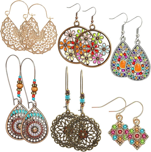 6 Pairs Retro Bohemian Drop Dangle Earrings, Vintage Boho Chic Rhinestone Earring Jewelry Set for Women...