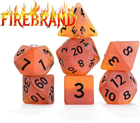 Gate Keeper Games and Dice: Sea Glass Dice: Firebrand - 7pc RPG Set, Flaming Yellow & Fire Damage Orange Frosted Matte Resin, Role Playing Games D...