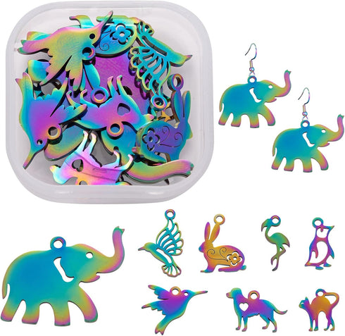 COGCHARGER 16 Pcs 8 Style Stainless Steel Filigree Charms Animal Shape Rainbow Pendants Multi Color Charms Pendants for Jewelry Earring Necklace M...