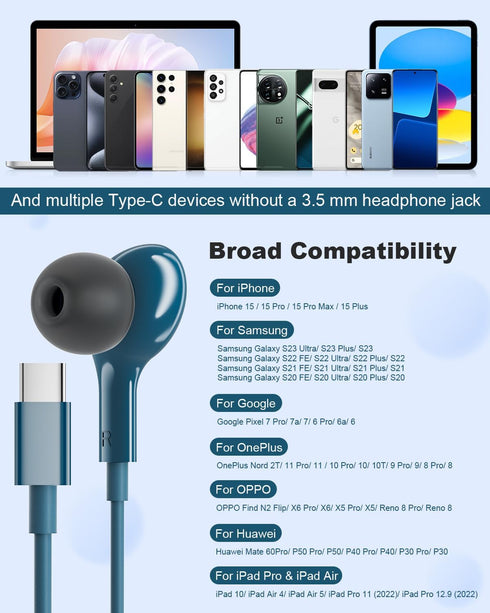USB C Headphones Wired Earbuds Magnetic in-Ear Type C Earphone Noise Canceling for Samsung Galaxy S24 Ultra S23 S22 S2 iPhone 15 Pro Max iPad Pro ...