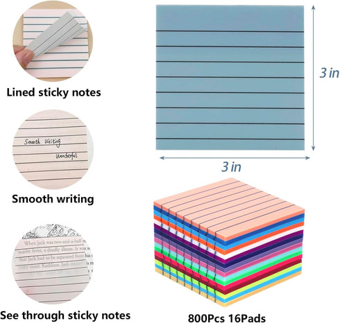 800 Sheets Lined Sticky Notes, 3x3 in, 16 Pads Sticky Notes, Bright Post Stickies Multi Colors Square Self Pad Its Meeting Note for Office Homesch...