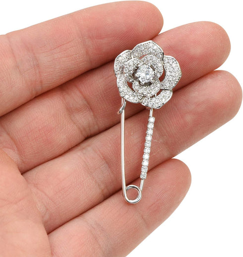 Silver Tone Sparking Micro Pave Layered Petal CZ Rose Flower Cardigan Sweater Safety Pin Brooch...