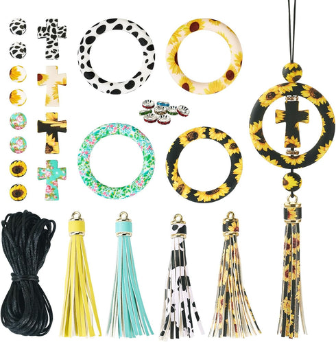 Magibeads 29Pcs Sunflower Cow Theme Silicone Keychain Making Kit Cross Silicone Focal Beads Kit with Rhinestone Spacer Tassel Pendants for Crafts ...