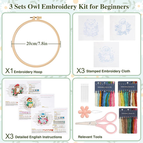 ASTNIC Embroidery Kit for Beginners, 3 Sets Owl Hand Embroidery Kit with Hoop Needle Video Step by Step Instructions DIY Knitting Kit Arts and Cra...