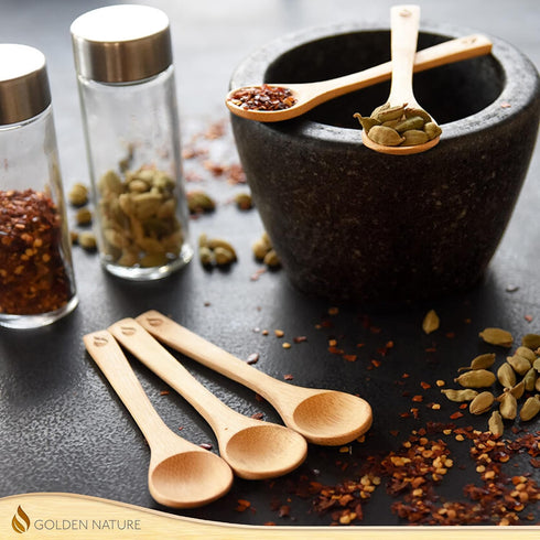 Golden Nature Bamboo Spoon Set (10 Pc), Small Kitchen Teaspoons, Tiny Wooden Spoons Perfect for Sugar, Spices, Seasoning, Coffee, Jam, Herbs, Hone...