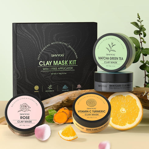 4 Pcs Clay Facial Mask Set - Turmeric, Vitamin C, Green Tea, Dead Sea Mud, and Rose Clay for Deep Cleansing, Moisturizing, and Refining Pores - 24...