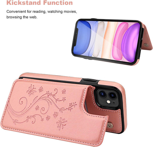 Vaburs Compatible with iPhone 11 Case Wallet with Card Holder, Embossed Butterfly Premium PU Leather Double Magnetic Buttons Flip Shockproof Prote...