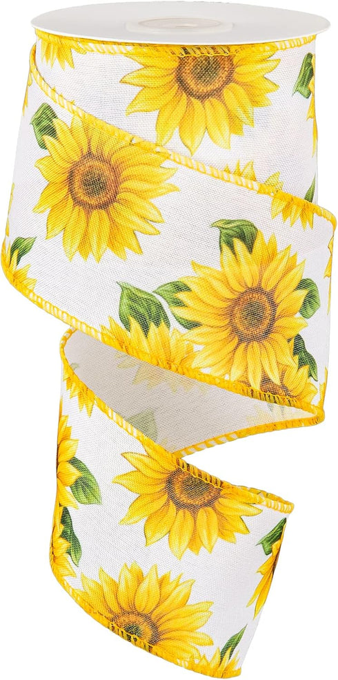 Whaline Summer Sunflower Wired Edge Ribbon 10 Yard x 2.5 Inch Spring Summer Flower Ribbon Farmhouse Fabric Decorative Craft Ribbon Roll for Gift W...
