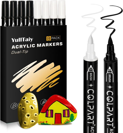 Dual Tip Acrylic Paint Pens Markers, 8 Pack Black & White Paint Pens for Wood, Canvas, Stone, Rock Painting, Glass, Ceramic Surfaces, DIY Art Supp...
