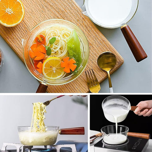 DOERDO Clear Glass Pot Milk Pan with Wooden Handle Breakfast Cooking Pot Glass Cookware for Home Kitchen Open Flame Heating Milk Pot (Clear 600ml)...