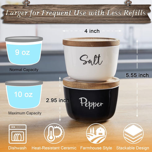 Salt and Pepper Bowls, 10 oz Salt Cellar with Lid, Stacked Ceramic Salt Pepper Container with Acacia Wood Lid, Salt Box for Countertop, Black and ...