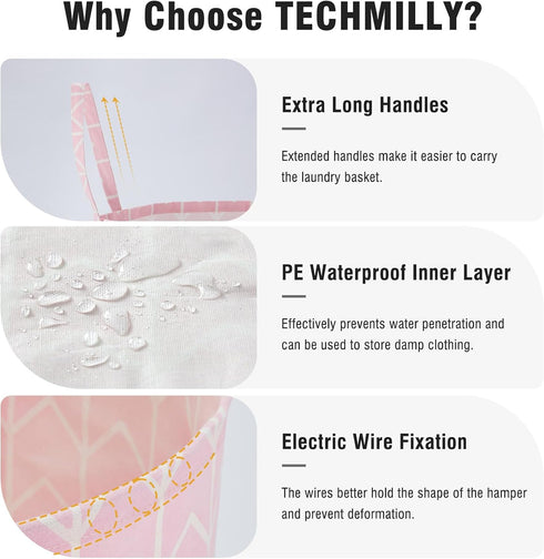 TECHMILLY Large Storage Basket for Girls and Boys, Collapsible Laundry Hamper with Long Handles, Toy Bins for Nursery, Kids Room Décor...